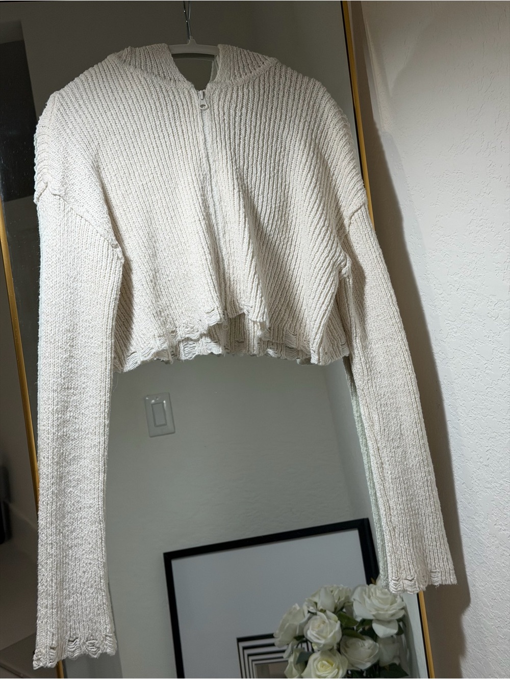 Moon & Madison Knit Hooded Zip Women Sweater in Off-White - L